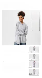 Detail view of oversized light grey hoodie with drawstring hood and kangaroo pocket