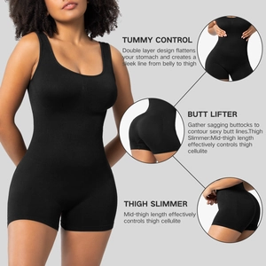 Women's black shapewear bodysuit featuring double tummy control and mid-thigh leg slimming