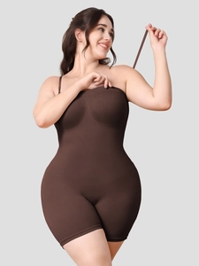 Close-up of seamless brown shapewear bodysuit with adjustable straps and slimming compression