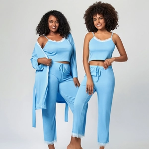 Détail d'un pyjama en maille bleu ciel avec dentelle blanche délicate et texture côtelée