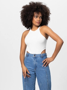 White ribbed halter bodysuit with high-cut sides and high-waist straight denim jeans