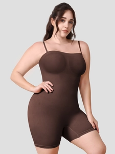 Detail of dark brown seamless bodysuit featuring adjustable thin straps and molded cups