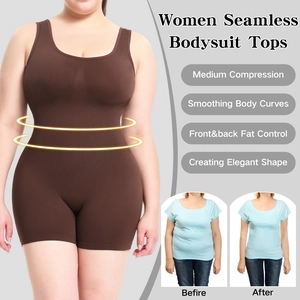 Detail view of seamless brown shapewear bodysuit showing waist control before and after effect