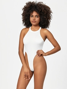 White ribbed high-cut halter bodysuit for women featuring a slim fit and open back design