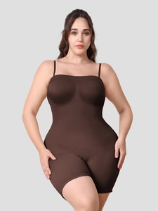 Front view of seamless dark brown shapewear bodysuit with adjustable spaghetti straps