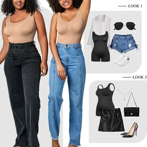Versatile styling guide for nude and black sleeveless shapewear bodysuits for women