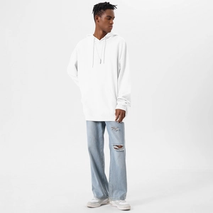 Detail of white oversized hoodie with dropped shoulders and matching drawstrings
