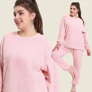 Pyjama en Velours de Nuage Épais pour Femmes Col Rond Manches Longues Haut Et Pantalon Peluche Chaude Homewear Rose Grande Taille
