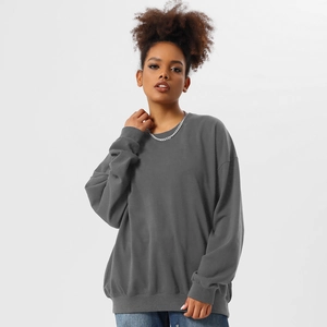 Detail of dark grey oversized heavy cotton sweatshirt with ribbed cuffs and crew neck