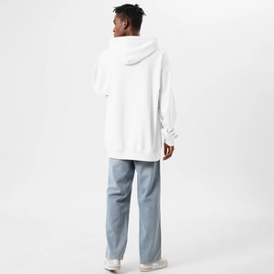 Rear view of an oversized white cotton hoodie featuring a casual drop shoulder fit for men