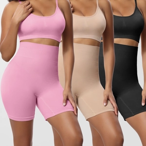 Three seamless high-waist shaping sets in pink, nude, and black for tummy control