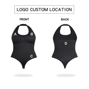 Detailed front and back view of a black halter bodysuit showing logo custom locations