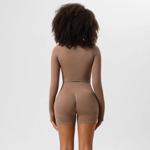 Rear view of seamless coffee-colored yoga set featuring high-waist lifting shorts and top