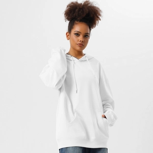 Detailed close-up of white oversized hoodie featuring ribbed cuffs and soft cotton texture