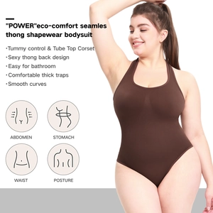Brown seamless tummy control shapewear bodysuit with thick straps and thong back design