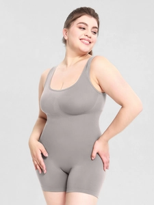 Detail of grey seamless shapewear bodysuit with ribbed texture and wide shoulder straps