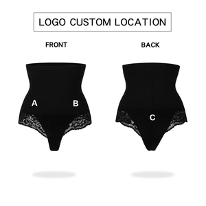 Vue avant et arrière du string gainant noir en dentelle avec zones de logo personnalisées