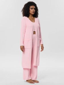 Detailed texture of pink plush knit 3-piece loungewear set with cardigan and wide-leg pants
