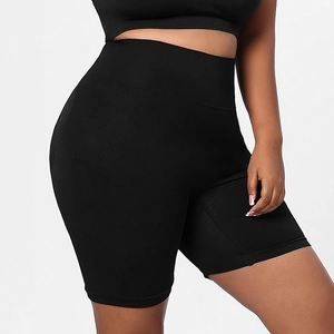 Detail of black high-waisted seamless shaping shorts with tummy control and butt lift