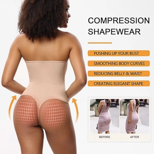 Detail showing seamless thong shapewear with before and after tummy control results