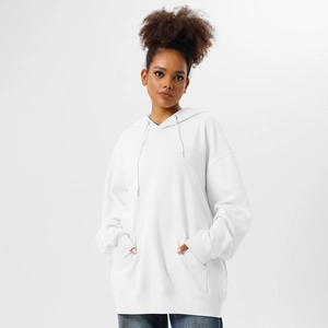 Close-up of white oversized cotton hoodie featuring dropped shoulders and kangaroo pocket