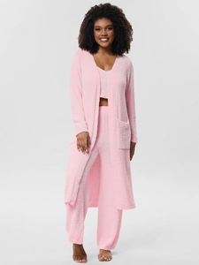 Three-piece light pink lounge set with fuzzy cardigan, crop top, and straight pants