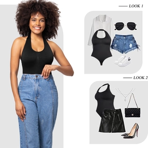 Black halter bodysuit for women paired with denim jeans and stylish accessories