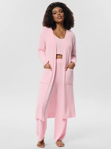 Detailed texture of thick pink fleece 3-piece pajama set with long cardigan and wide pants