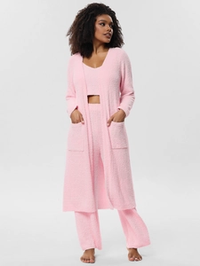 Cozy 3-piece pink fleece loungewear set with cardigan, camisole, and loose trousers