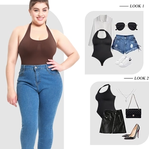 Detail of high-stretch halter neck bodysuit with open back design in dark brown and black