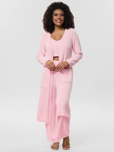 Three-piece pink loungewear set with soft fuzzy cardigan, crop top, and loose pants
