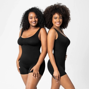Close-up of seamless black bodysuit shapewear featuring wide straps and tummy control fabric