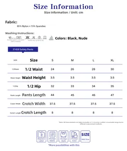 Detailed size chart for high waist tummy control safety pants with fabric information