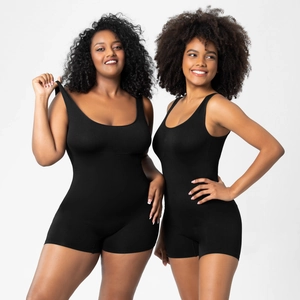 Detailed close-up of seamless black shapewear bodysuit on diverse models with high elasticity