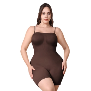Dark brown seamless tube bodysuit for women featuring tummy control and lifting effect