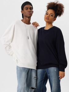 Detail of couple wearing oversized 350g cotton crewneck sweatshirts in white and navy blue
