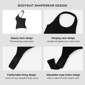 Detail view of adjustable snap buttons and thong design on black bodysuit shapewear