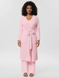 Three-piece pink plush pajama set featuring a long robe and pants in soft chenille fabric