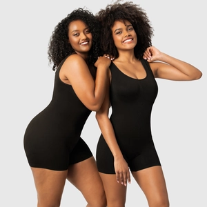 Women's black bodycon sleeveless romper with U-neck design made from high-stretch fabric