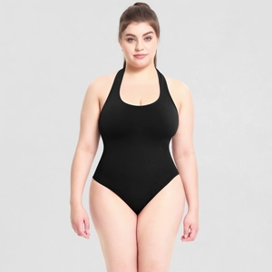 Front view of black halter neck bodysuit showing slim fit design and comfortable fabric