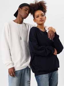 Detail of loose fitting heavyweight cotton sweatshirts showing ribbed cuffs and neckline