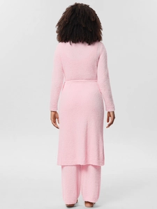 Back view of plush pink 3-piece pajama set featuring soft coral fleece robe and wide-leg pants