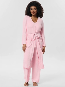 Detailed view of pink fleece pajamas 3-piece set with soft texture and long robe