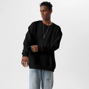 Close-up of ribbed crewneck and texture on a 350g heavy cotton black sweatshirt