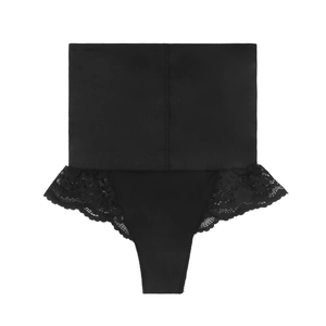Gros plan détaillé du string sculptant noir à taille haute avec dentelle et texture