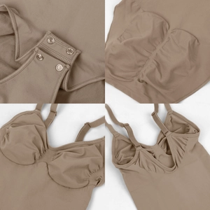 Detail view of seamless bodysuit with adjustable straps and snap closure at crotch