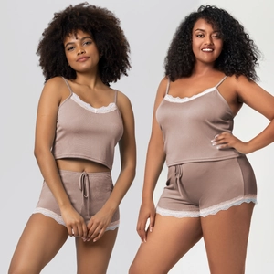 Ensemble de Pyjama Femme Grande Taille en Tricot à Côtes Col en V Caraco Et Short Ou Pantalon Long Avec Bordure en Dentelle