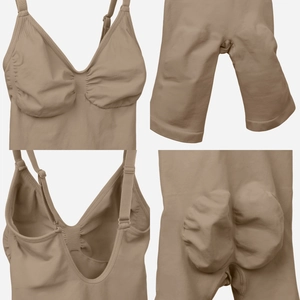 Detailed views of brown seamless bodysuit featuring adjustable straps and butt lifting design