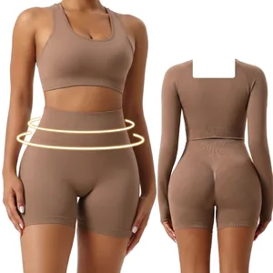 Coffee brown high waisted seamless shapewear set with butt lifting and tummy control design