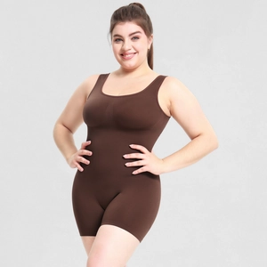 Detailed view of dark brown high-elasticity bodysuit shapewear on a plus-size model